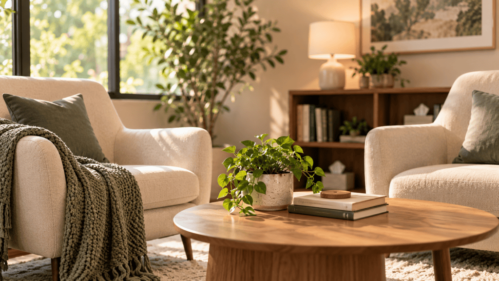 Counseling office with a couch — a warm, inviting space
